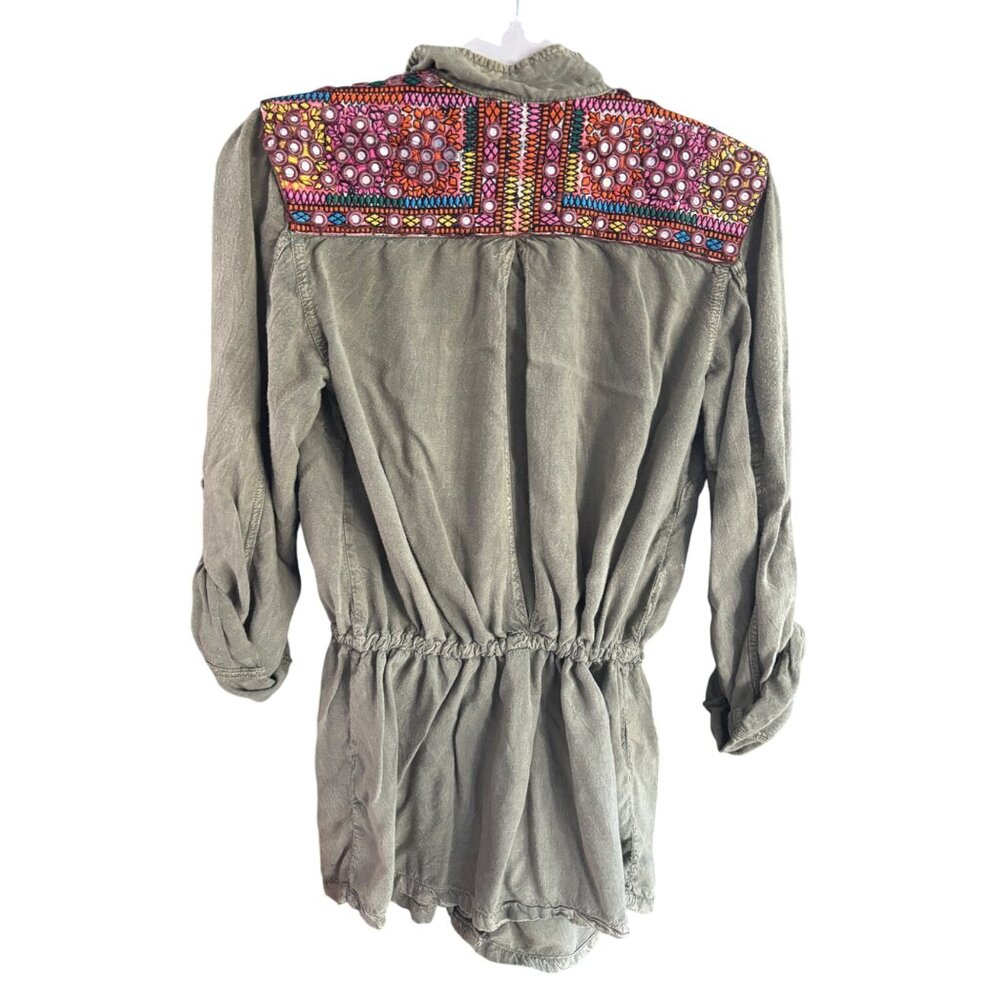 Angie Womens Embroidered Utility Jacket Medium with Pockets & Drawstring Waist